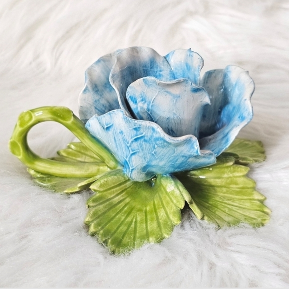 Capodimonte Blue Rose Candle Holder w/ Holding Ring Hand Painted In Portugal - Picture 4 of 10